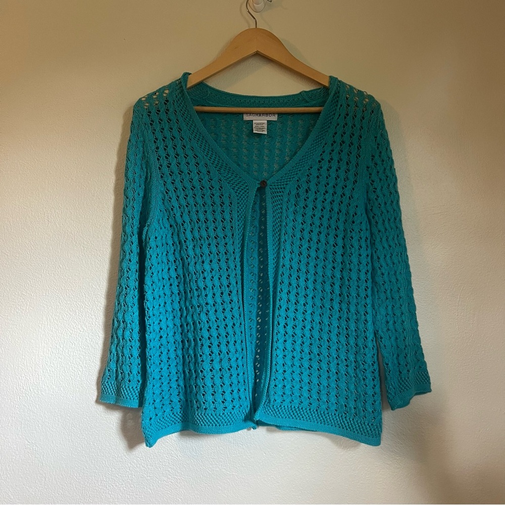 Sag Harbor Turquoise Open-Knit Cardigan Sweater|Size Small|Coastal Casual|Womens